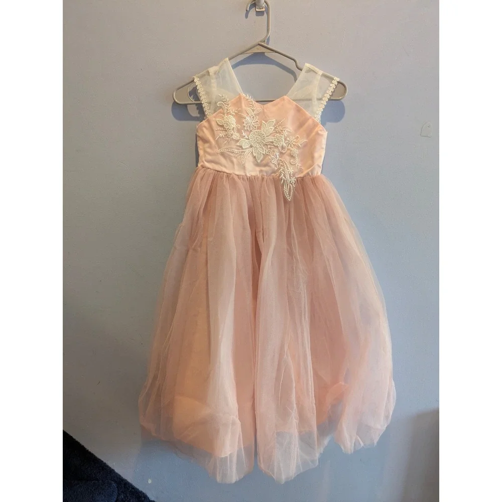 New Girls Pink Tulle Flower Girl Dress US 8-10 Floral Lace Bead Accents KaQinini